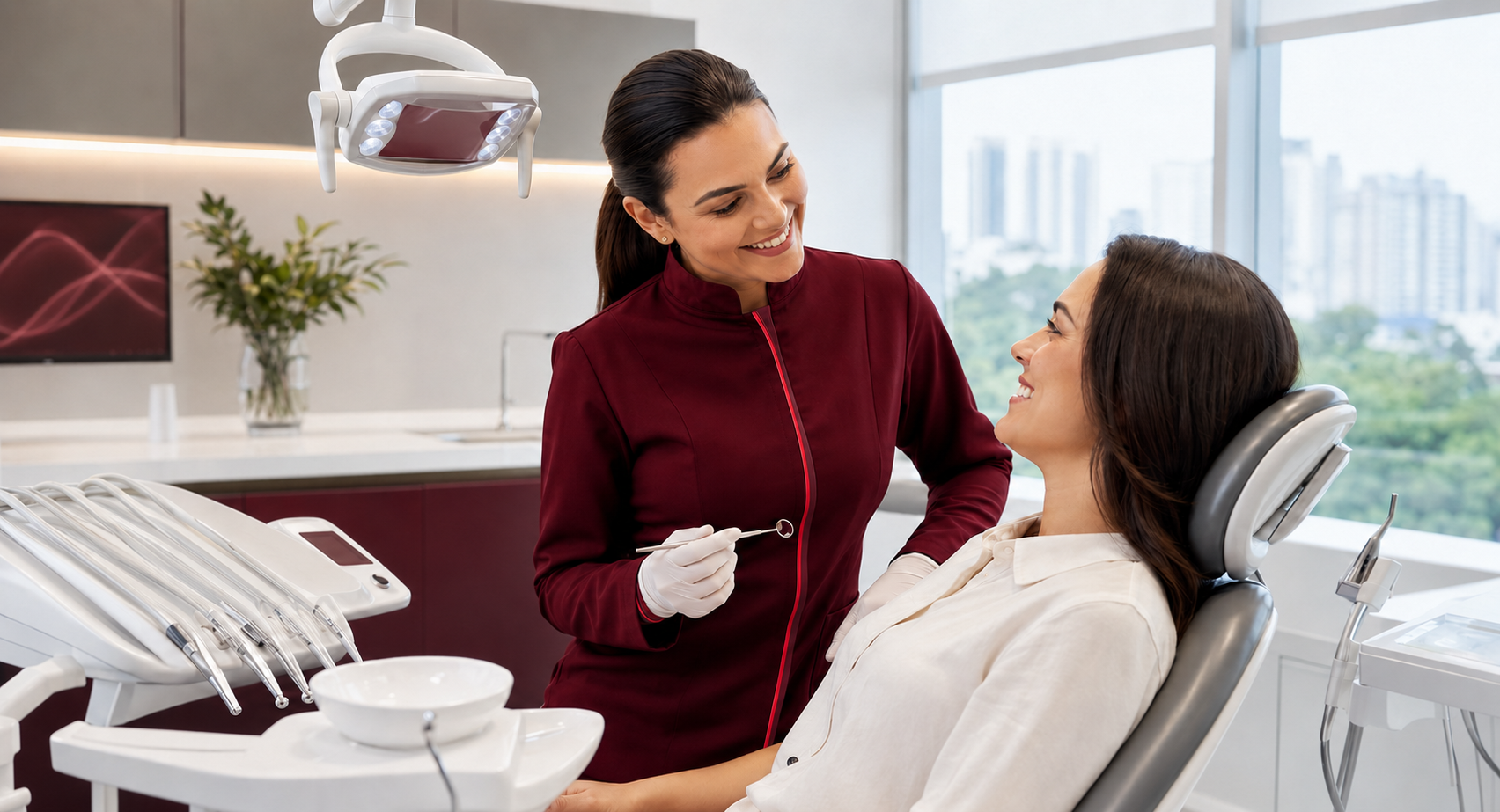 Dentista atendendo paciente em clínica odontológica moderna